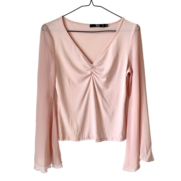 Vintage Tops - Vintage 90s / Y2K baby pink blouse with sheer flared sleeves